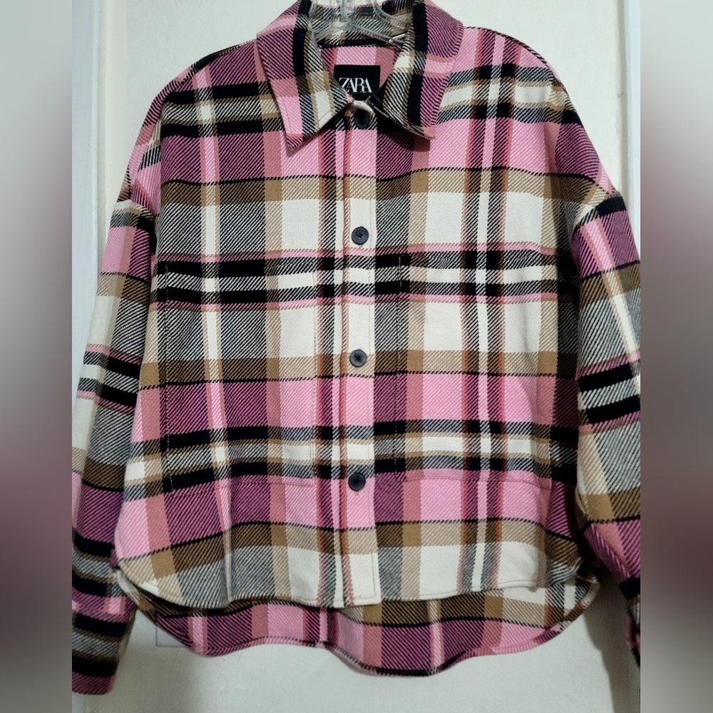 Zara Shacket Womens Size Small Pink Plaid Check Overshirt Oversized Long Sleeve - Picture 4 of 16